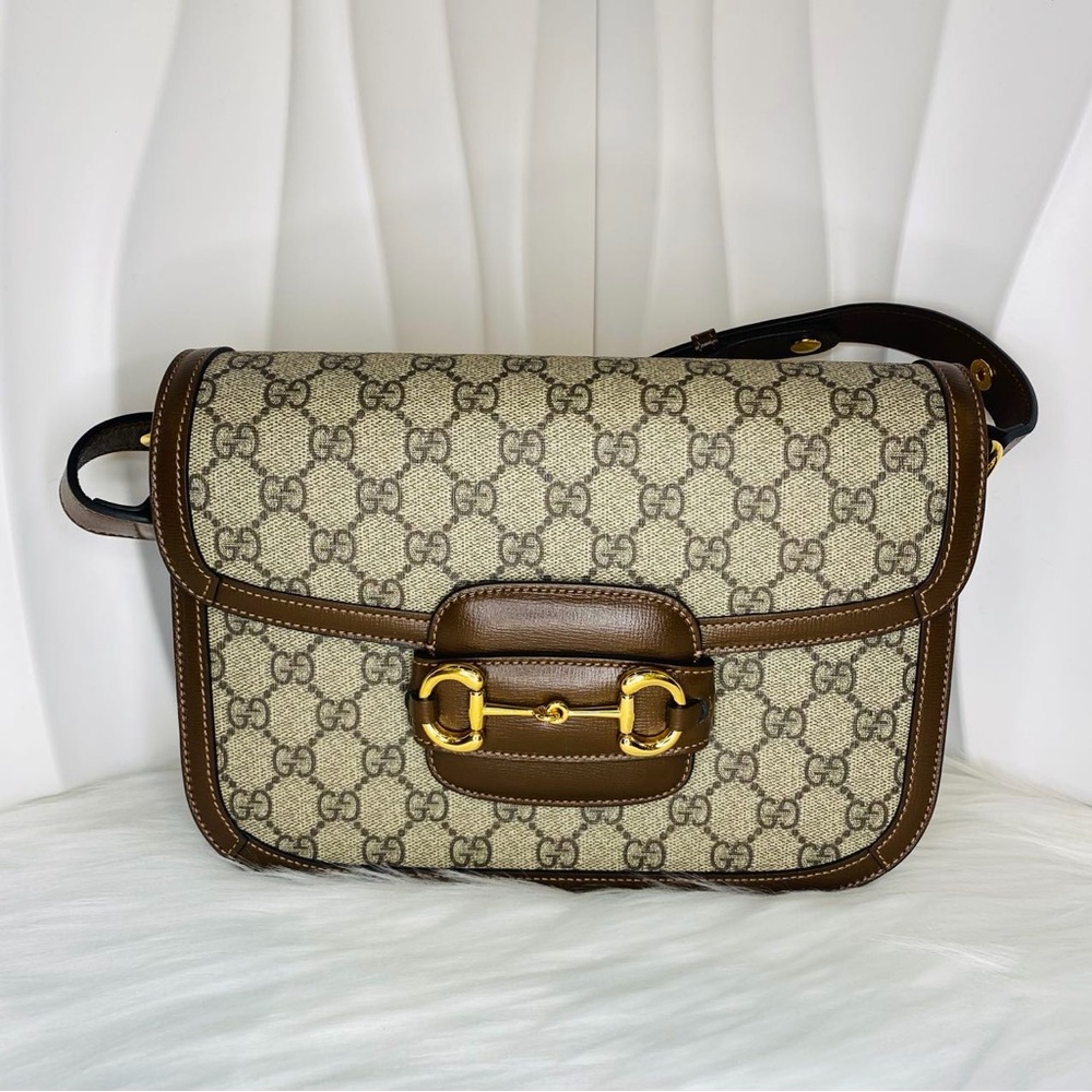 GUCCI 1955 Horsebit Shoulder Bag GG Supreme Canvas Brown Gold Hardware